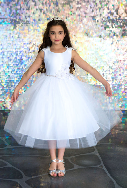 Big Girls White Beaded Flower Appliques Tulle Junior Bridesmaid Dress 8-16 - SophiasStyle.com